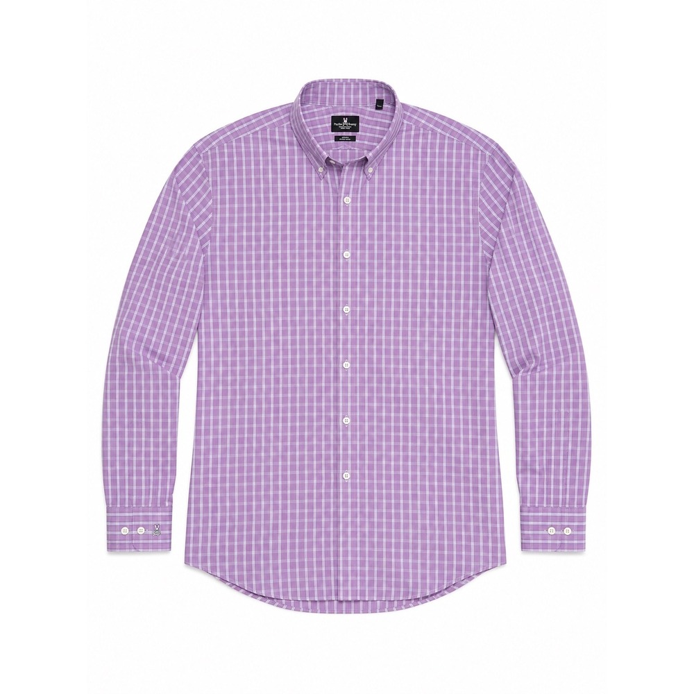Psycho Bunny Mens Modern Fit Non-Iron Stretch Shirt Purple Check 17 34/35